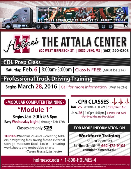 The Holmes Community College Attala Educational Center is excited to announce the addition of new course offerings for the spring of 2016.