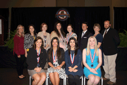 Pictured (front row, left to right) is Abby Vance, Grenada Campus, Phi Theta Kappa All-Mississippi Academic Team, Second Team; Mallory Corley, Ridgeland, All-Mississippi Team, Second Team, Amina Jatoi, Ridgeland, All-Mississippi Team, Second Team; Etta Jennings, Grenada; (second row, left to right) Blair Booker, Ridgeland head librarian/Phi Theta Kappa advisor; Amber Harrison, Grenada English instructor/advisor; Cynthia Abel, administrative assistant to the Grenada Campus academic dean/advisor; Taylor Adcock, All-Mississippi Team, First Team, Ridgeland; Kristin Alexander, All-Mississippi Team, Second Team, Goodman; President of Holmes Dr. Jim Haffey; Chanda Sykes, Grenada Spanish instructor/advisor, and Will Alexander, Goodman engineering technology instructor/advisor.