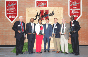 Pictured are the 2016 Sports Hall of Fame inductees with (center) Holmes President Dr. Jim Haffey. They are (left to right) Don Wynne ('67) of Lexington, basketball; Clarence Harmon, Jr. ('75) of Kosciusko, football, baseball, track; Angela Bounds-Stevenson ('06) of Pearl River, Louisiana, basketball; Michael Ellis ('95) of Vaiden, baseball and football; William Farris Jenkins ('67) of Kilmichael, baseball, and Shaston Coleman ('93) of Ackerman, football.
