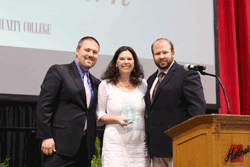 Pictured are (left to right) Phi Theta Kappa advisor Jason Kelly, English instructor Jessica Brown and Phi Theta Kappa advisor Will Alexander after Kelly and Alexander presented Brown the 2016 Sally Wilson Distinguished Educator Award on April 25 during the Goodman Campus Awards and Honors Banquet. This award recognizes an outstanding educator from the Goodman Campus for his or her excellence in Phi Theta Kappa’s hallmarks of fellowship, leadership, scholarship and service.