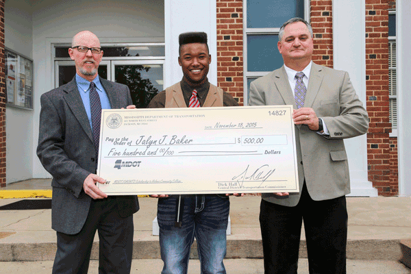 (From left to right) MDOT Human Resources Division Training Manager and Scholarship Coordinator Terry Winstead, Jalyn J. Baker, and Director of Holmes Community College Goodman Campus Andy Cook on the steps of McDaniel Hall on Holmes Community College’s Goodman Campus.